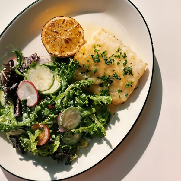 Pan-seared fish with charred lemon and a side salad with radishes and cucumbers.