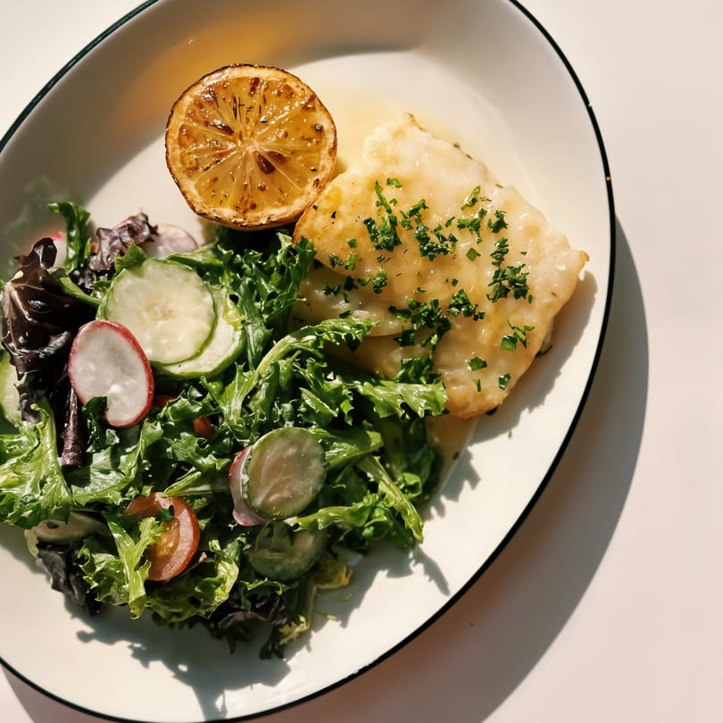 Pan-seared fish with charred lemon and a side salad with radishes and cucumbers.